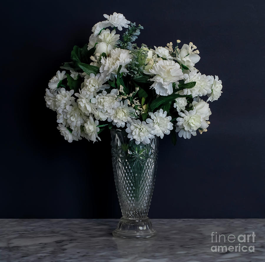 Bouquet of White Flowers in Crystal Vase with Black Background Photograph by Pablo Avanzini