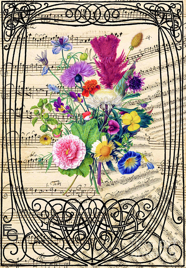 Bouquet of wild flowers on a musical score framed by an art nouveau, belle epoque ornament Mixed Media by Elena Gantchikova