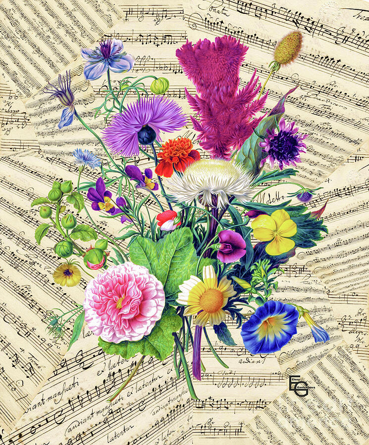 Bouquet of wildflowers against the background of a collage of Music Scores Sheet Music Mixed Media by Elena Gantchikova