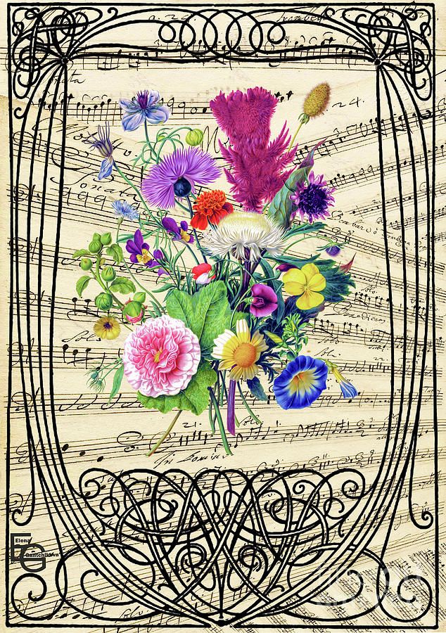 Bouquet of wildflowers against the background of a collage of musical notes in an art nouveau frame Mixed Media by Elena Gantchikova