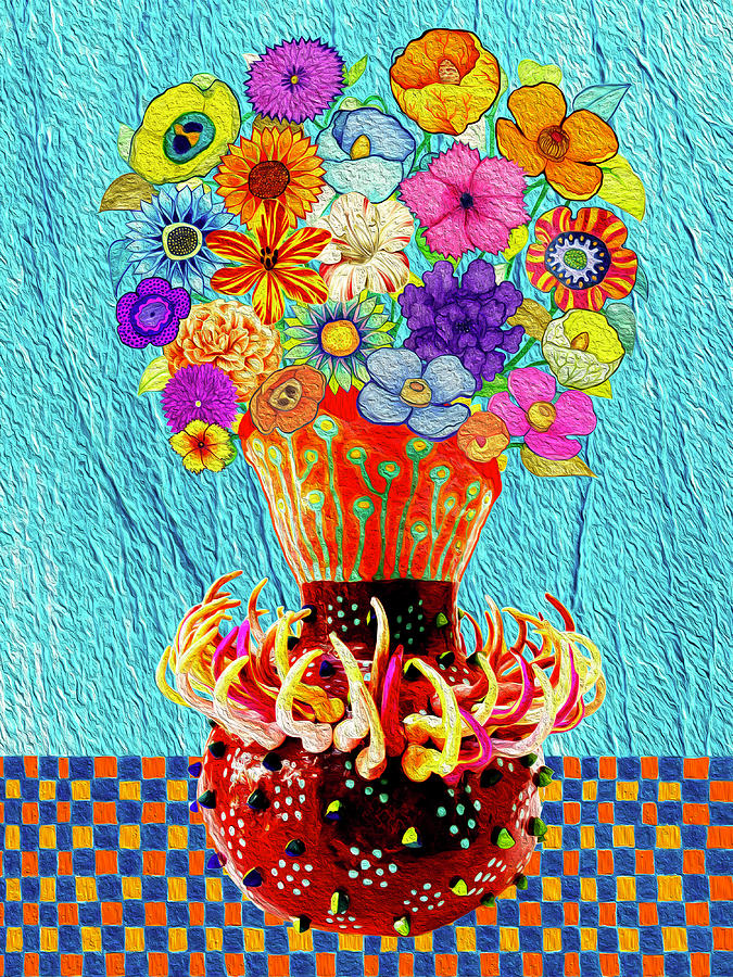 Bouquet on Blue Mixed Media by Lorena Cassady