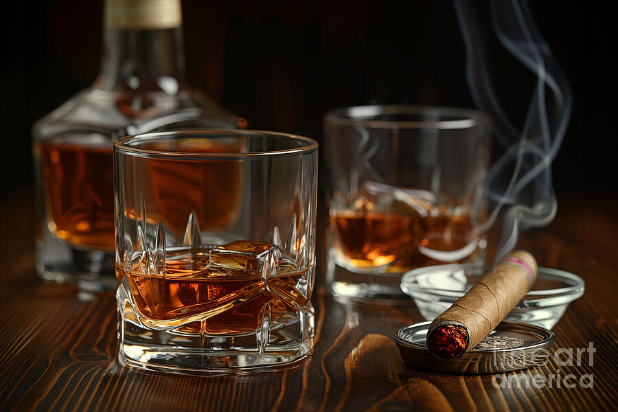 Glasses of Bourbon and cigars Photograph by Delphimages Photo Creations