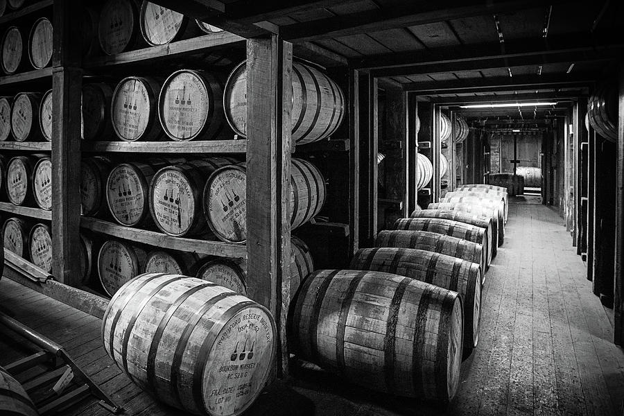 Bourbon Barrels bw Photograph by Karen Varnas