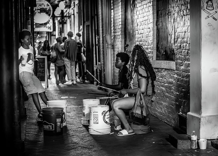 Bourbon Street Drummers In Black and White Photograph by Greg Mimbs