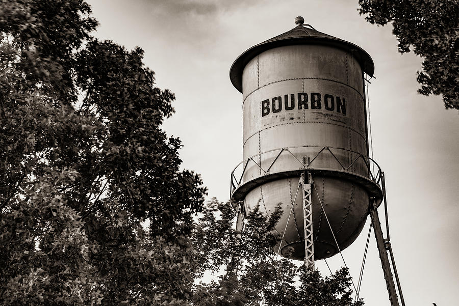 Bourbon Tank Through The Trees - Sepia Photograph by Gregory Ballos
