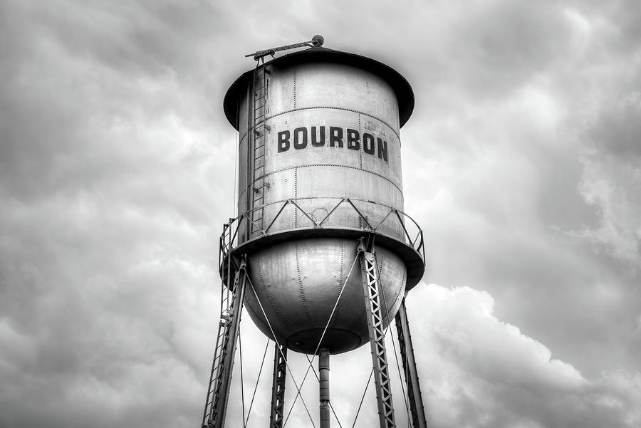 Vintage Photograph - Bourbon Whiskey Water Tower and Cloudy Skies - Monochrome by Gregory Ballos