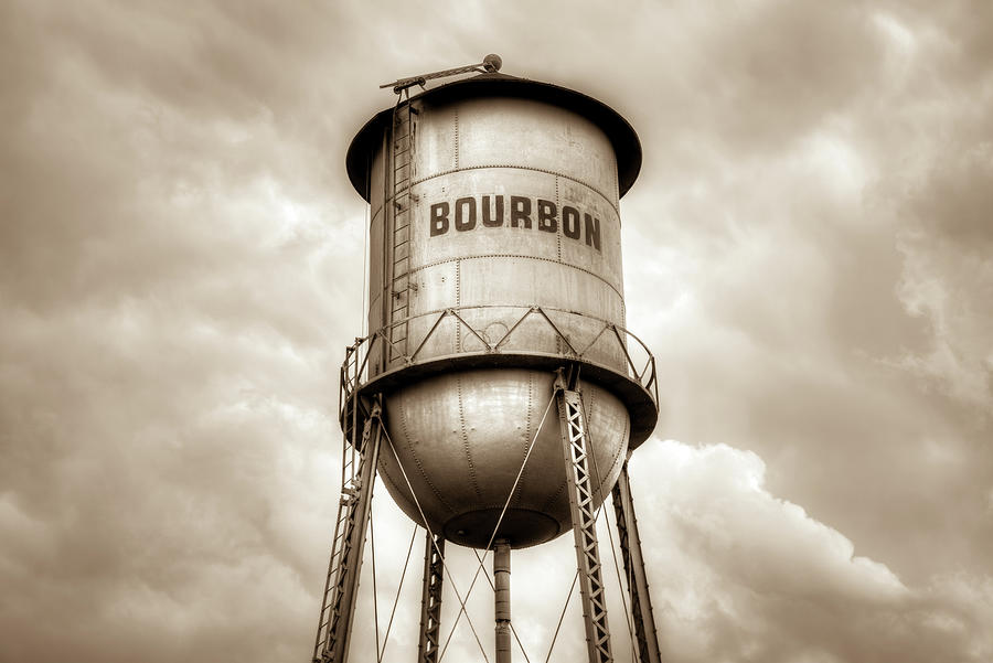 Vintage Photograph - Bourbon Whiskey Water Tower and Cloudy Skies - Sepia by Gregory Ballos