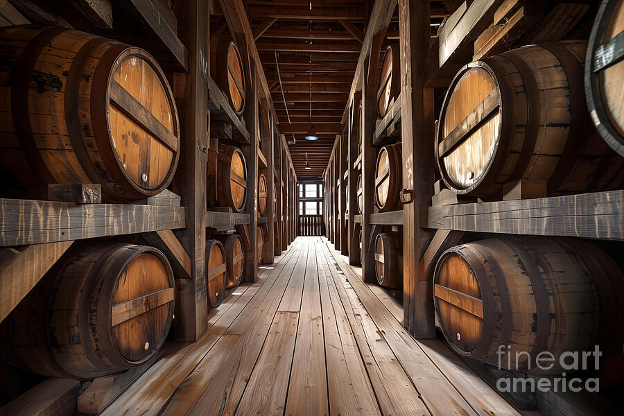 Bourbon whiskey wooden barrels in a rickhouse Photograph by Delphimages Photo Creations