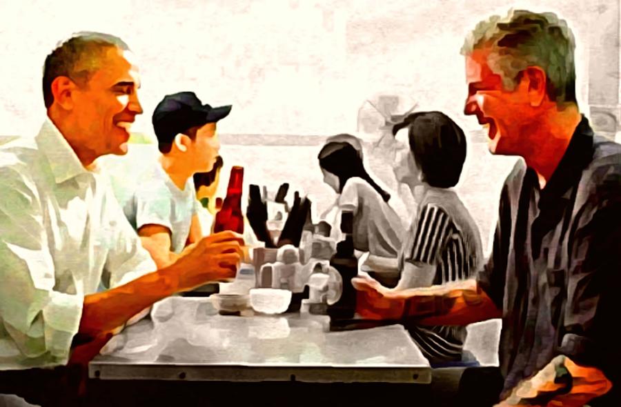 Barack Obama Painting - Bourdain Obama Noodles and Beer by Daniel Zwicke