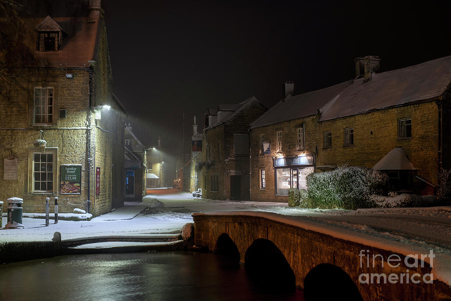 Bourton on the Water at Night in the Winter Snow  Photograph by Tim Gainey