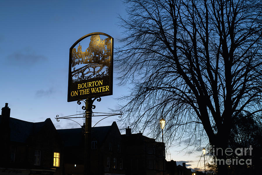 Winter Photograph - Bourton on the Water Village Sign at Dawn by Tim Gainey