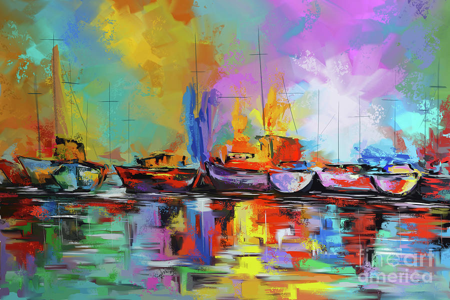 Boats in the bay Painting by Tim Gilliland