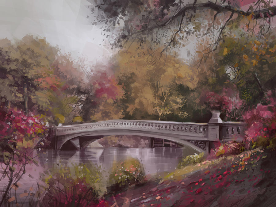 Central Park Digital Art - Bow Bridge Autumn Scene by Bekim M