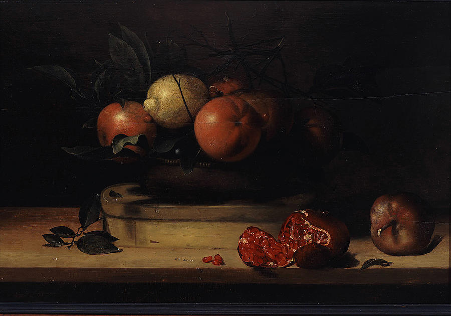 Bowl of Lemons and Oranges on a Box of Wood Shavings and Pomegranates is a Baroque oil on canvas pai Painting by MotionAge Designs