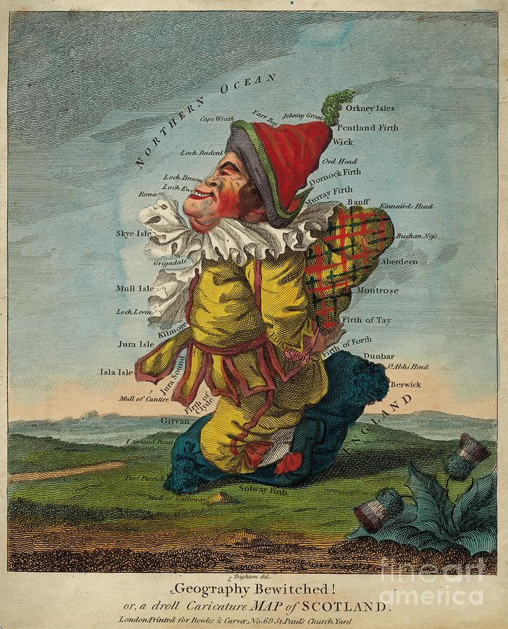 Bowles and Carver - Geography Bewitched or a droll Caricature of Scotland - c1790 Digital Art by Vintage Map