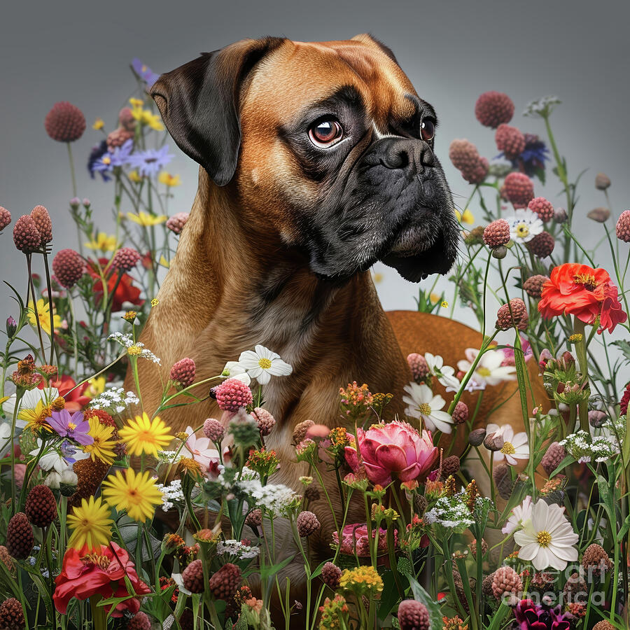 Flower Digital Art - Boxer amidst wildflowers by Imagine ART