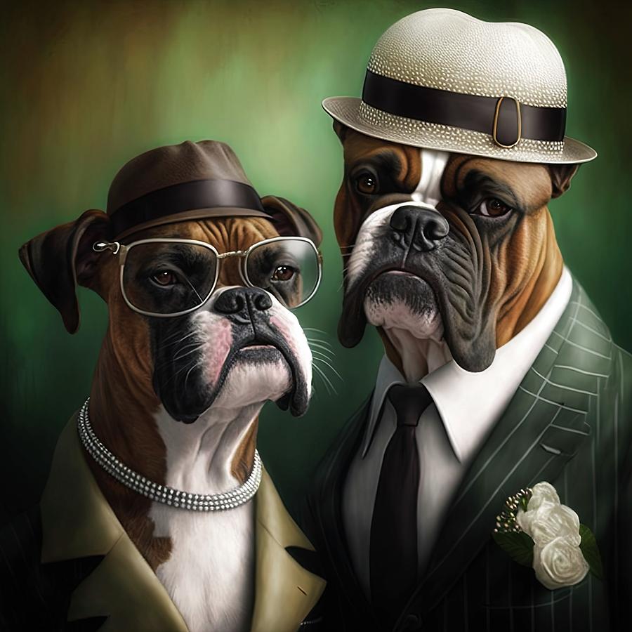 Boxer dog couple dressed in a business suit Painting by Vincent Monozlay