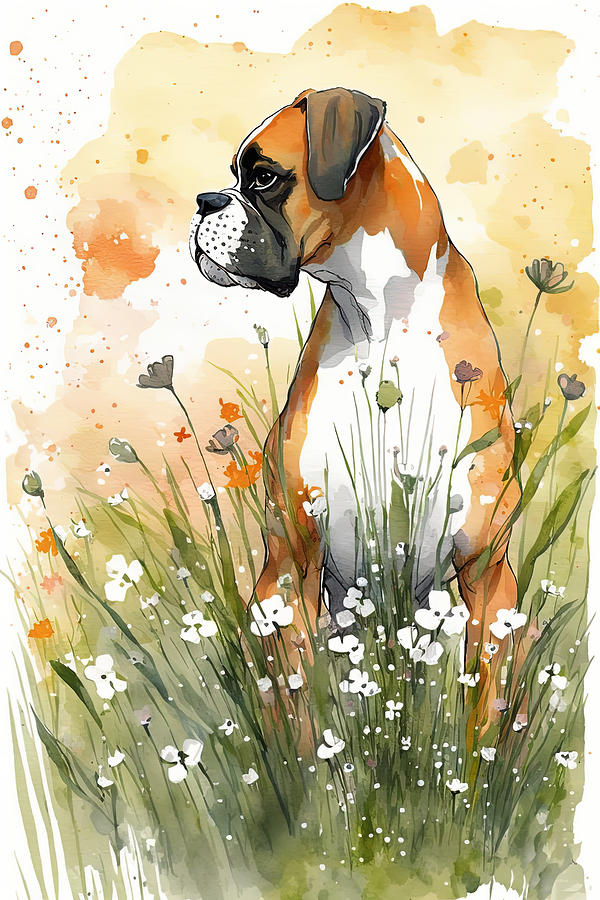 Boxer in a flower field 2 Digital Art by Debbie Brown