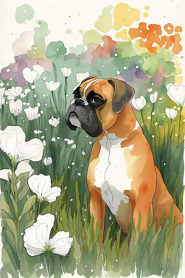 Boxer in a flower field 3 Digital Art by Debbie Brown