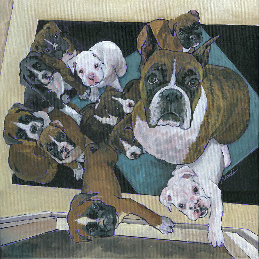 Boxer Painting - Boxer Mom and Pups by Nadi Spencer