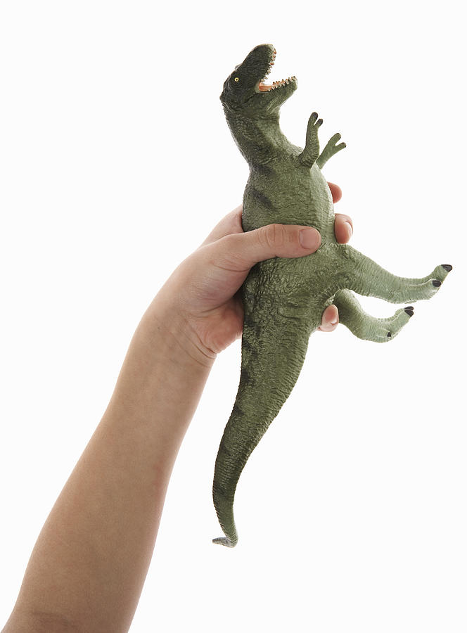 Boy (5-7) holding toy dinosaur, close-up of hand Photograph by Thomas Northcut