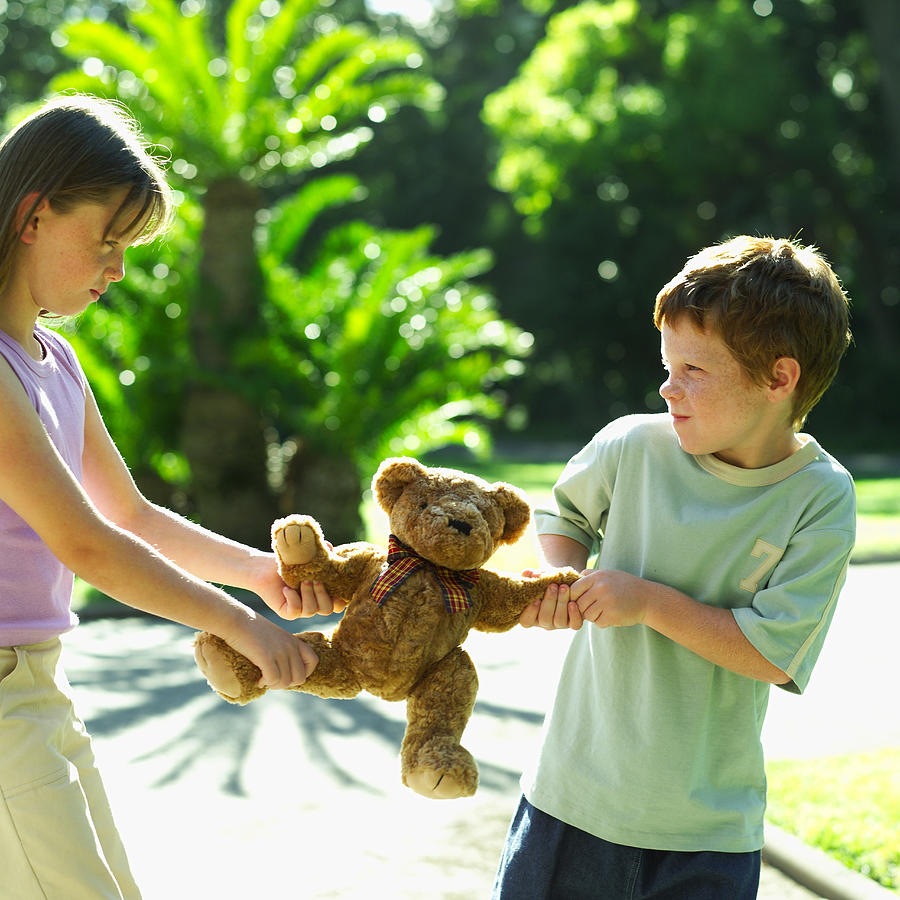 Boy And A Girl Fighting Over A Teddy Bear Photograph by Stockbyte