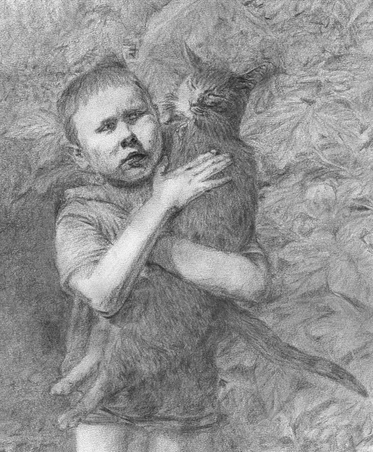 Boy and Cat Drawing by Sami Tiainen
