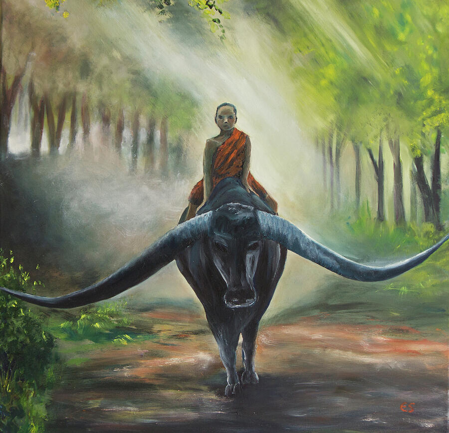 Boy and Water Buffalo Painting by Evelyn Snyder