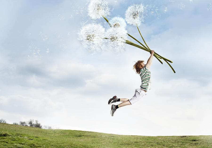 Boy being lifted into the air holding dandelions Photograph by Flashpop