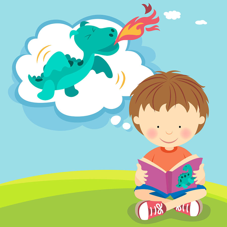 Boy imagining fire breathing dragon from book Drawing by Exxorian