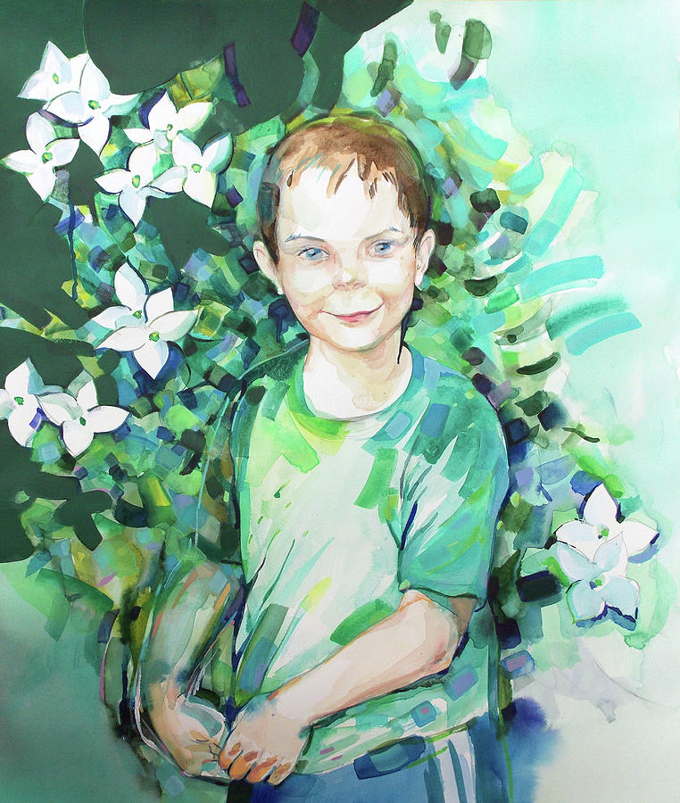 Boy in front of blooming dogwood Painting by Katya Atanasova