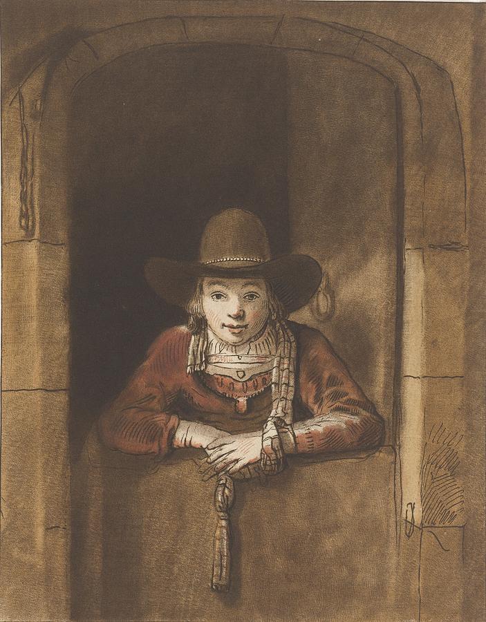 Boy Leaning Over a Lower Door, Cornelis Ploos van Amstel, after Samuel van Hoogstraten, after Rembra Painting by MotionAge Designs