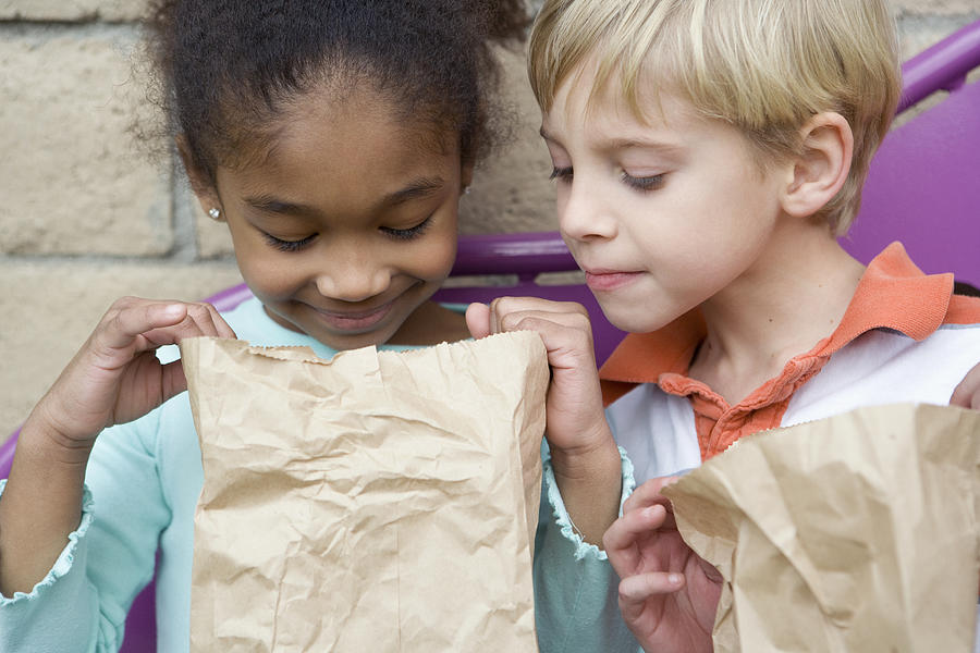 Boy looking in friends lunch bag at recess Photograph by Wealan Pollard