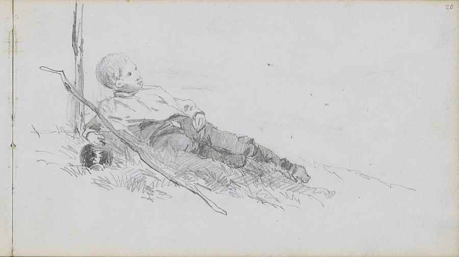 Boy lying in the grass with a stick and pitcher, Johan Hendrik  Painting by MotionAge Designs