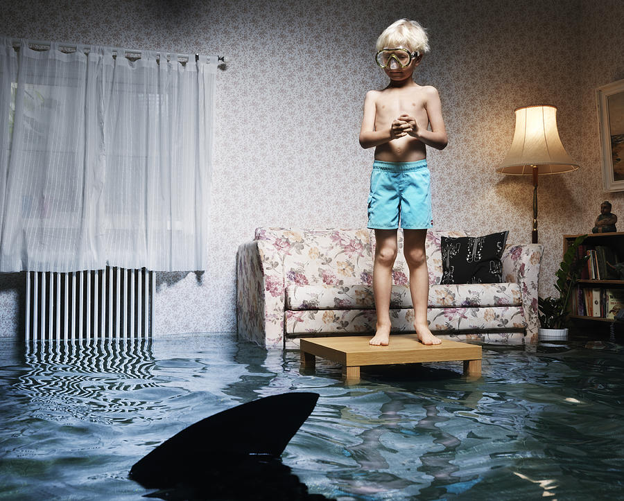 Boy On Table In Flooded Room, With Shark Photograph by Henrik Sorensen