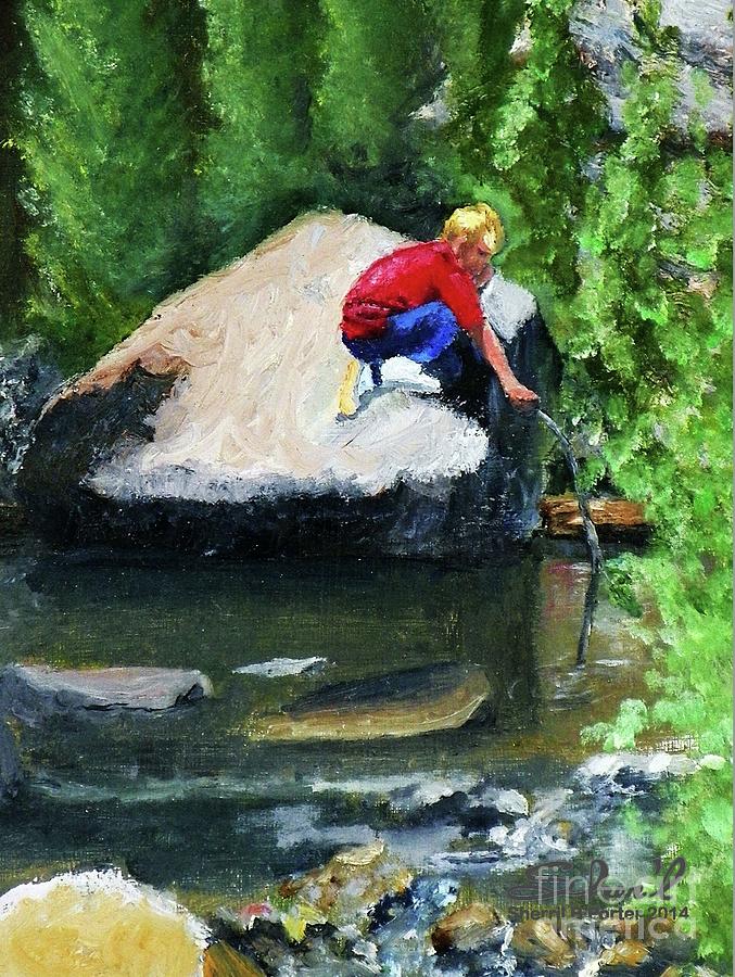 Boy Playing in the Creek Painting by Sherril Porter