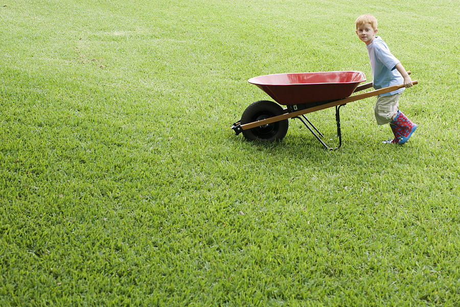 Boy pushing wheelbarrow Photograph by Michele Constantini/PhotoAlto