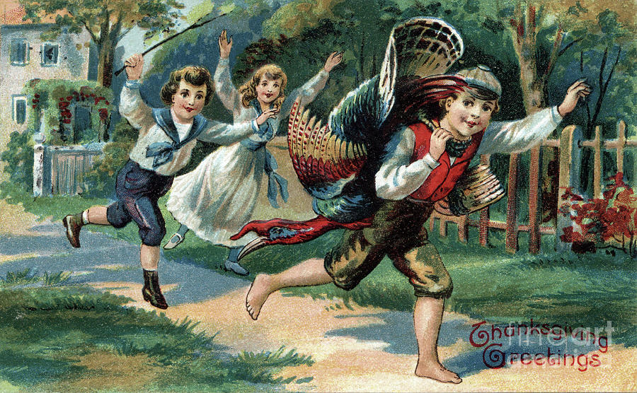Boy running with turkey, friends chasing after. Digital Art by Pete Klinger