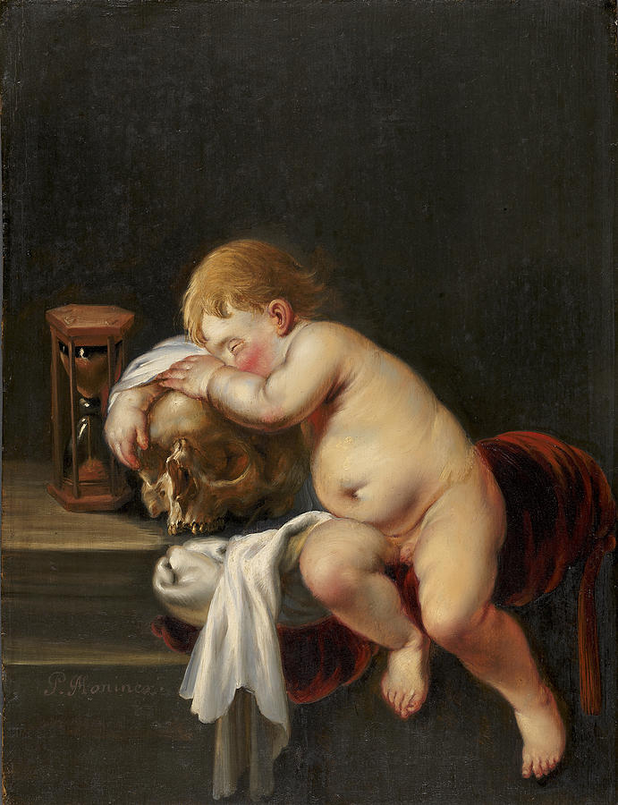 Boy sleeping on a Skull  Painting by Pieter Moninckx