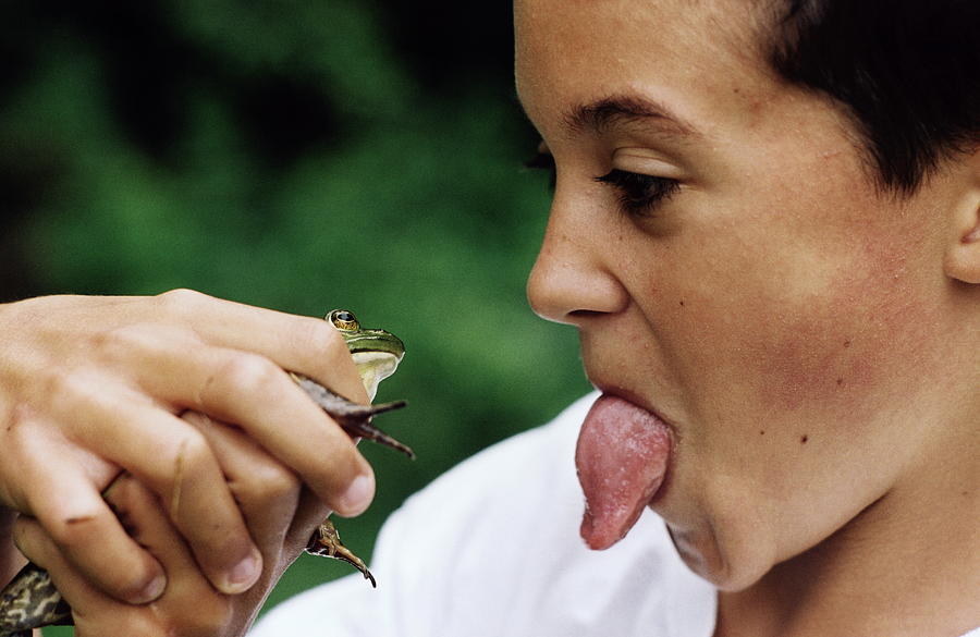 Boy Sticking Out His Tongue At Frog Photograph by Nicki Pardo