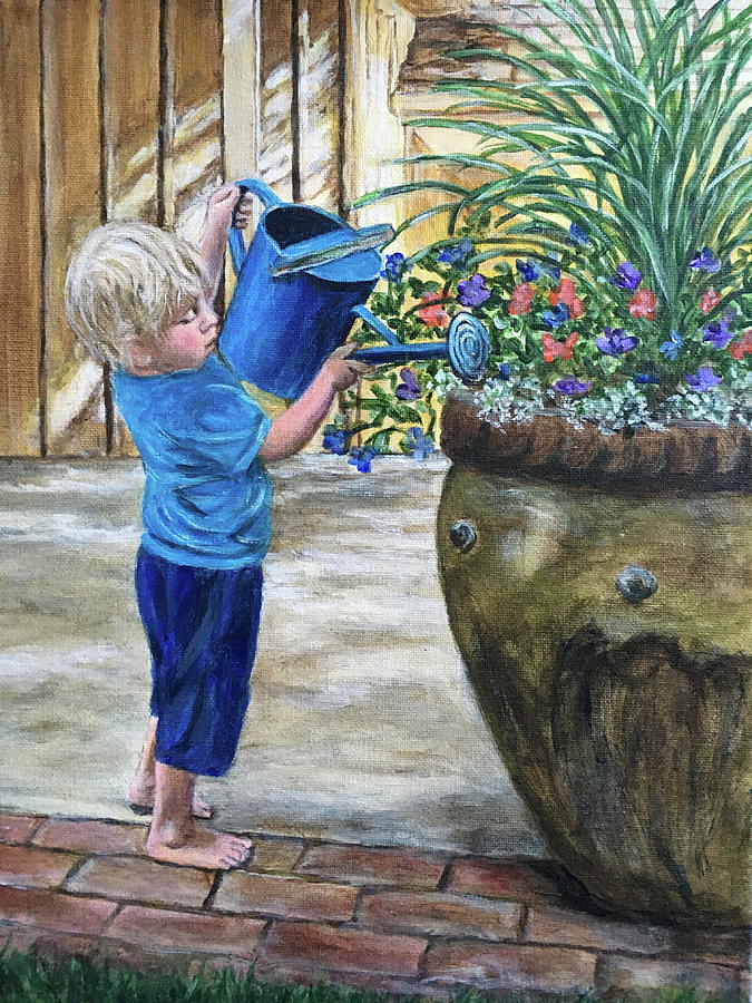 Boy Watering Flowers Painting by Bonnie Peacher