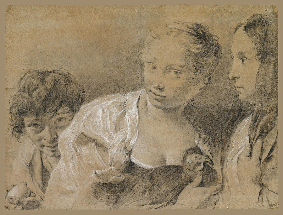 Boy with an Egg, Girl with a Hen, and a Watching Woman Drawing by Giovanni Battista Piazzetta