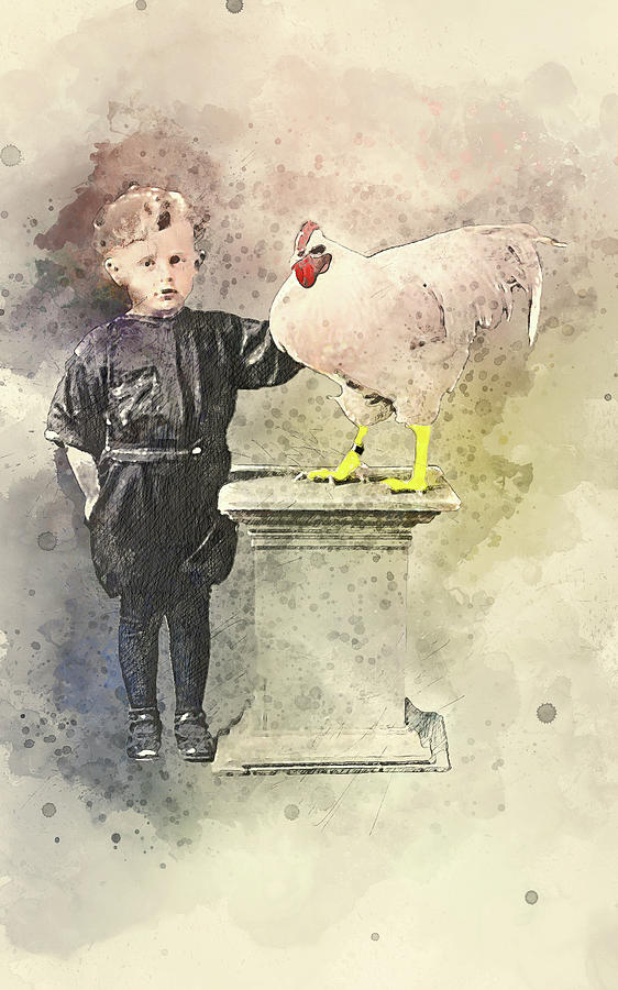 Boy With Big Chicken Mixed Media by Pheasant Run Gallery