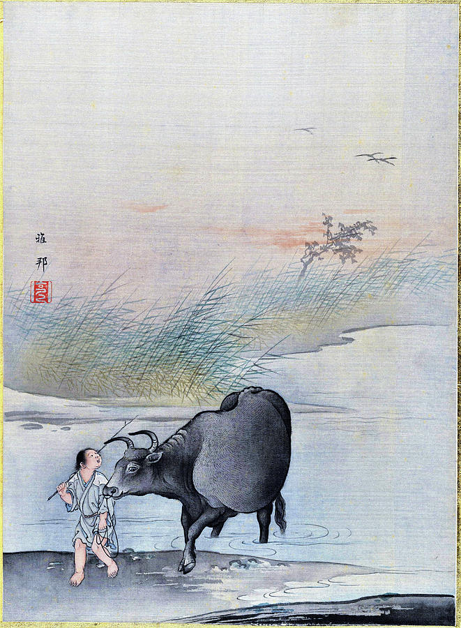 Boy with Cow at the Rivers Edge - Digital Remastered Edition Painting by Hashimoto Gaho