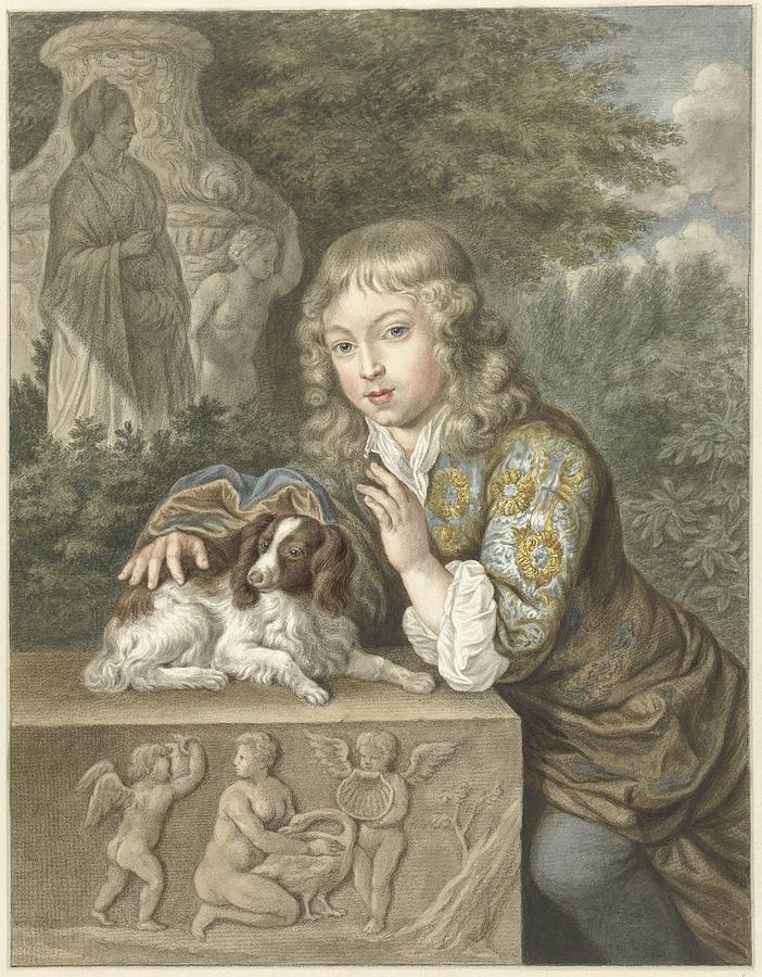 Boy with dog, Abraham Delfos, after Caspar Netscher, Painting by MotionAge Designs