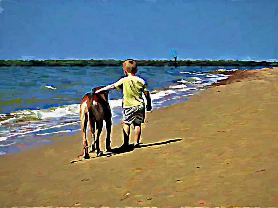 Boy with His Dog on Beach Mixed Media by Joan Stratton