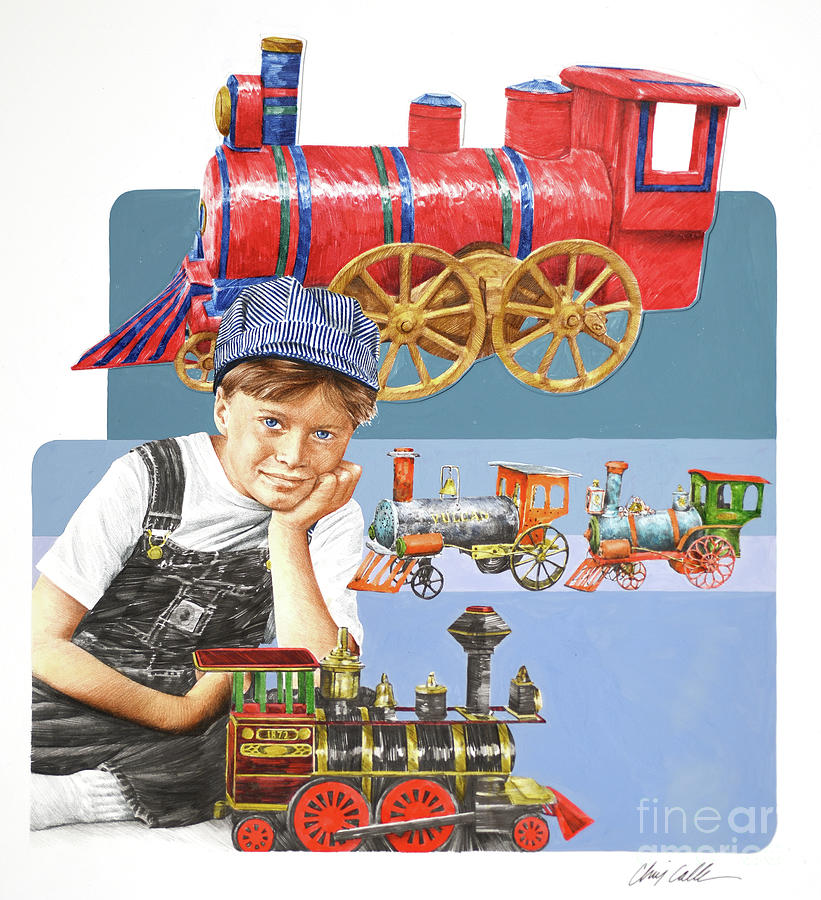 Boy With Old-Fashioned Locomotive Toys Painting by Chris Calle