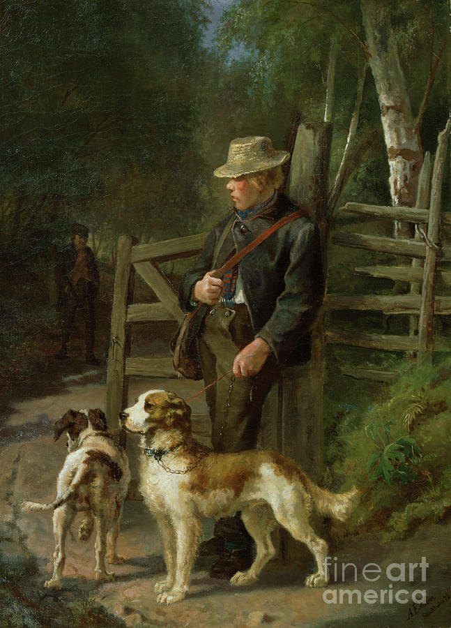 Boy with sporting dogs, 1872 Painting by O Vaering by Axel Ender