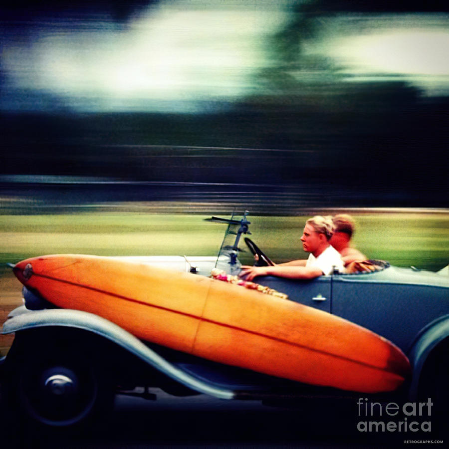 Boys driving hot rod with surf board Photograph by Retrographs