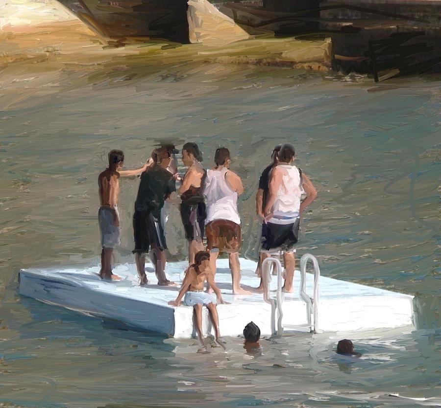 Boys on a Raft Painting by Randy Sprout